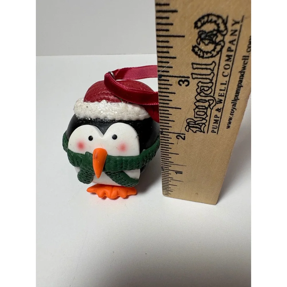 Penguin Jingle Bell Christmas Ornament Santa Hat Green Scarf Red Velvet Ribbon